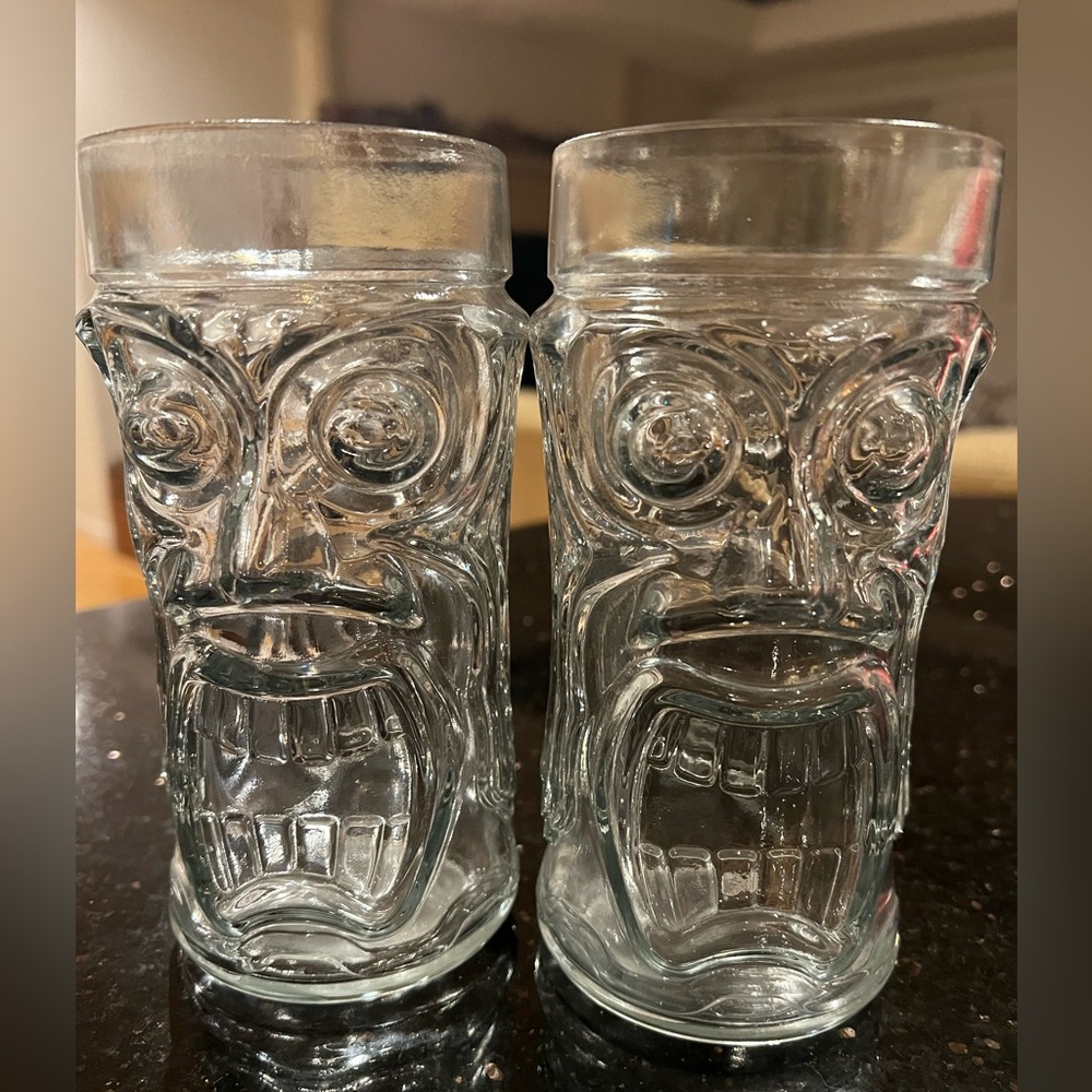 Set of Two Vintage Tiki Face Glass Tumblers